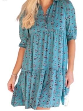 Natural Life Dress L/XL Blue Floral Tiered Pockets Boho Relaxed Cottage Core